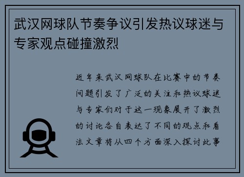 武汉网球队节奏争议引发热议球迷与专家观点碰撞激烈