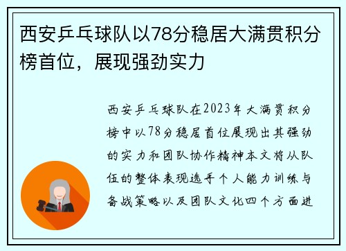 西安乒乓球队以78分稳居大满贯积分榜首位，展现强劲实力